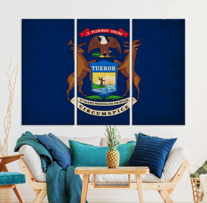 A piece of Michigan State Flag Wall Art on museum-quality canvas features a UV-protective coating to maintain its vibrant colors.