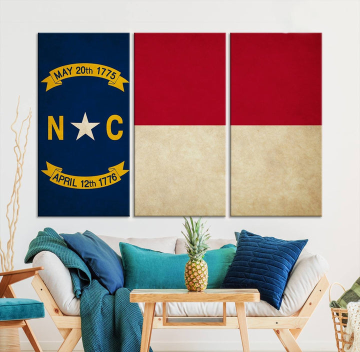 A museum-quality North Carolina State Flag Wall Art Canvas Print graces the wall, adding charm and character to any living space. Enjoy free shipping on this timeless piece.