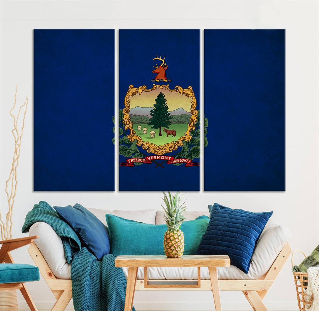 The Vermont Flag Wall Art Canvas Print is a museum-quality piece enhanced with UV-protective finishes, offering both style and durability. Enjoy free shipping on this classic decor addition.