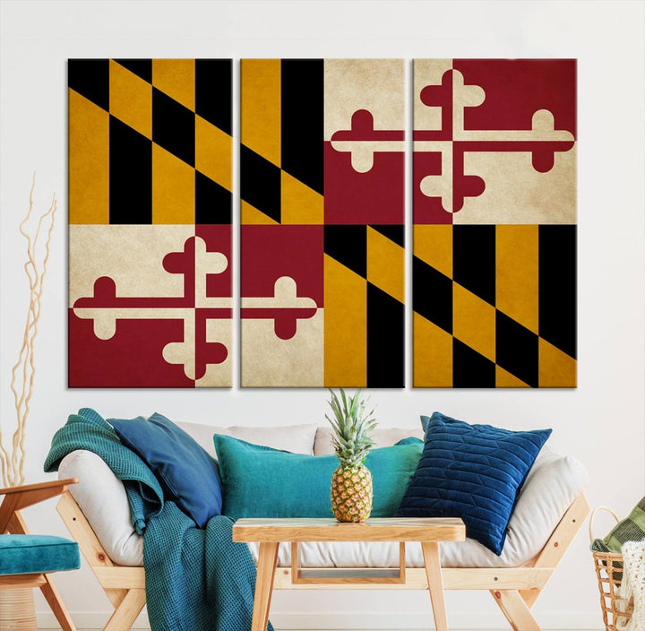 The Maryland Flag Wall Art Canvas Print, boasting a UV-protective coating for vibrant colors and durability, is a museum-quality piece offered with free shipping, making it the perfect addition to your space.