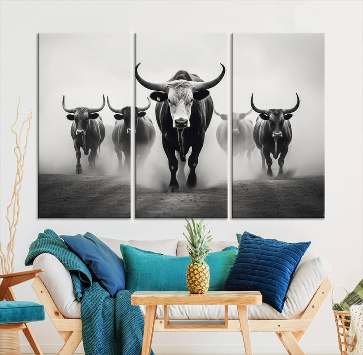 The Texas Longhorn Cow Animal Wall Art Canvas Print beautifully embellishes the area with its depiction of longhorn cattle in a misty setting, seamlessly integrating Western decor into the space.