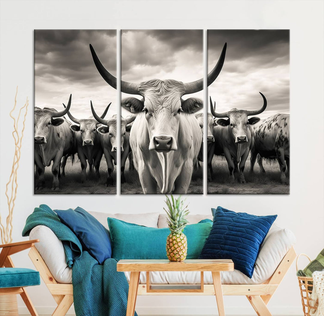 A Texas Longhorn Cow Animal Wall Art Canvas Print introduces a Western-themed accent.