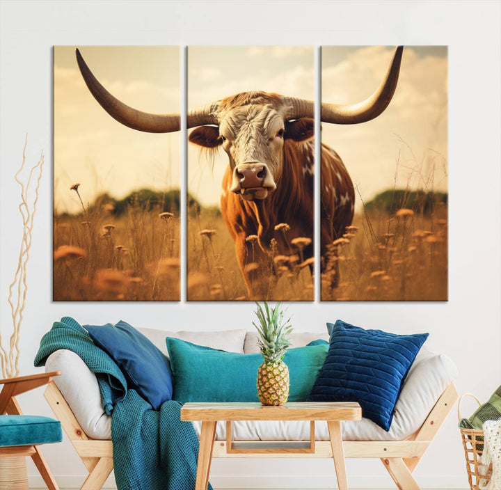 Cow Bighorn Wall Art Canvas Print, Longhorn Texas Cow Animal Canvas Print