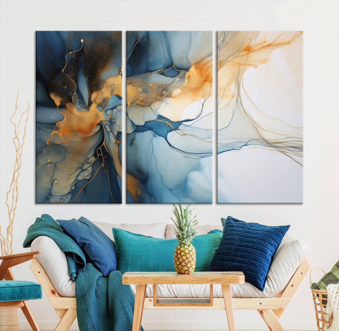 Art mural abstrait bleu marine orange, impression abstraite, impression sur toile abstraite