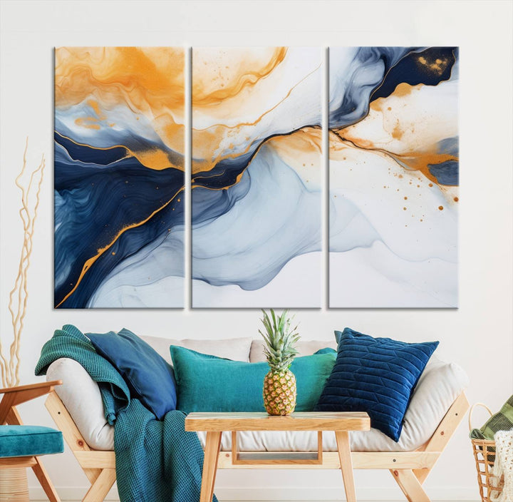 Modern living room featuring the 'Extra Large Orange Navy Blue Abstract Wall Art Canvas Print.'