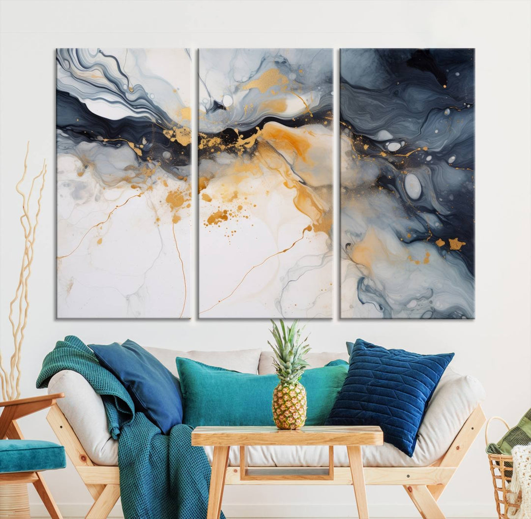 The Dark Blue and Orange Abstract Wall Art, featuring museum-quality canvas with captivating dark and golden swirls, is ready to hang and boasts a UV-protective coating to ensure enduring vibrancy and sophistication.