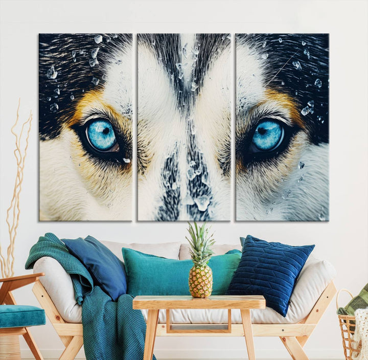 The captivating "Winter Siberian Husky Wolf EYE Wall Art Canvas Print" showcases the striking blue eyes of the animal portrait.