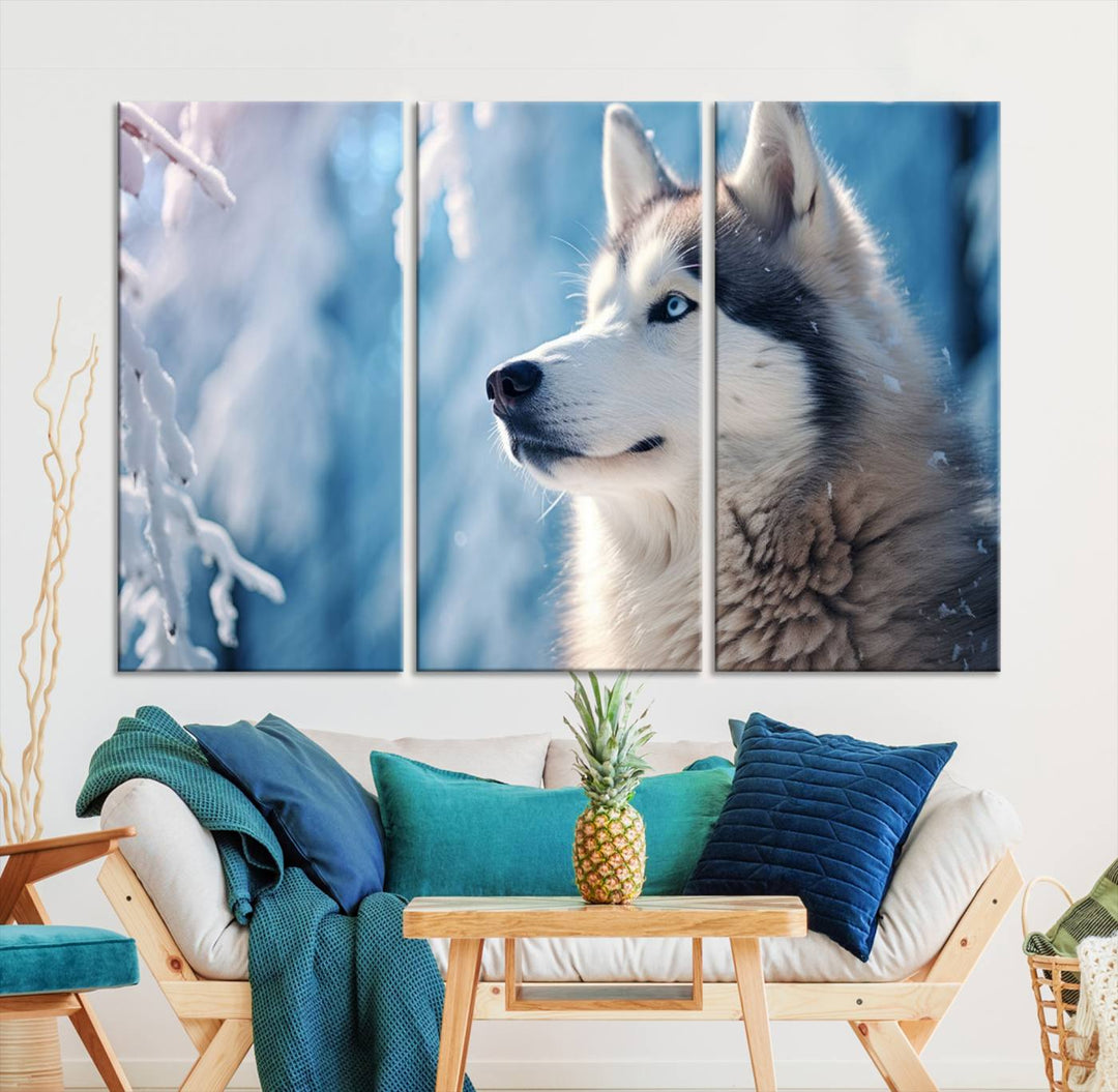 A captivating Winter Siberian Husky Wolf Wall Art Canvas Print hangs prominently.