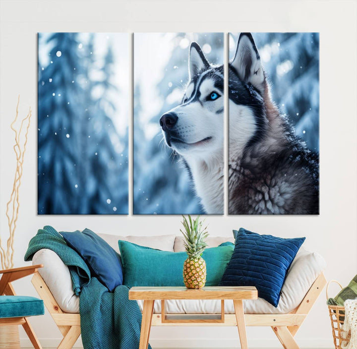 The "Winter Siberian Husky Wolf Wall Art Canvas Print" is elegantly displayed, enhancing the room's cozy ambiance in a snowy forest setting.