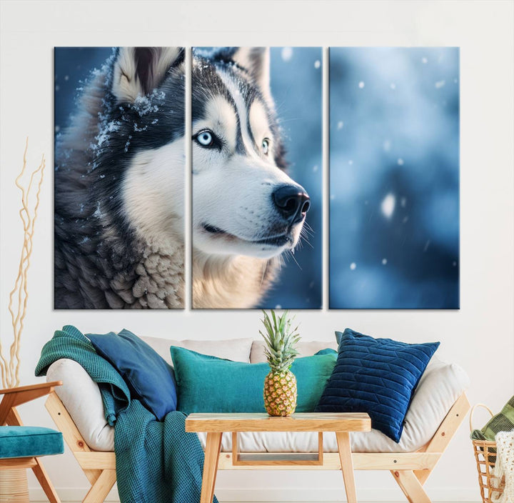 The space above the sofa features the Winter Siberian Husky Wolf Wall Art Canvas Print, creating a stunning snowy scene.