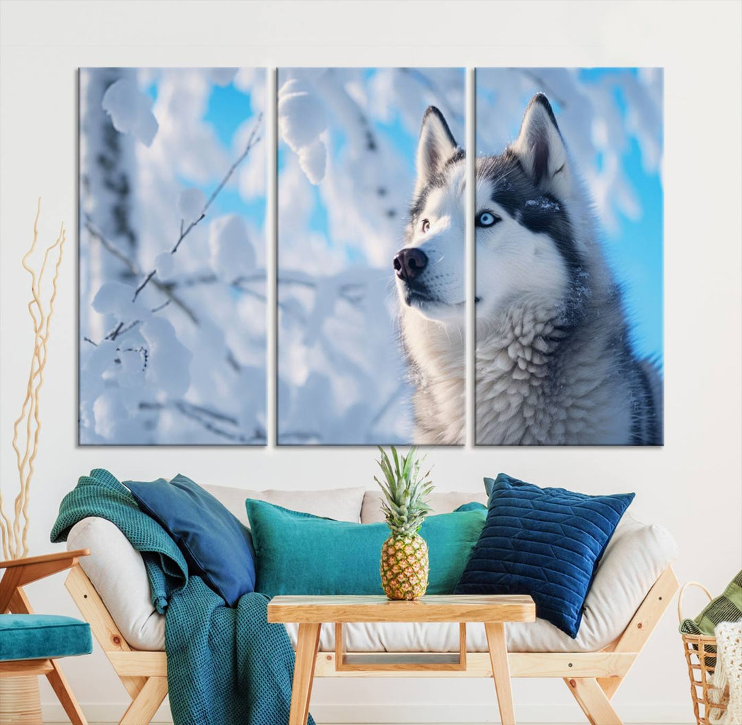 The Siberian Husky Art Canvas elegantly enhances the room.