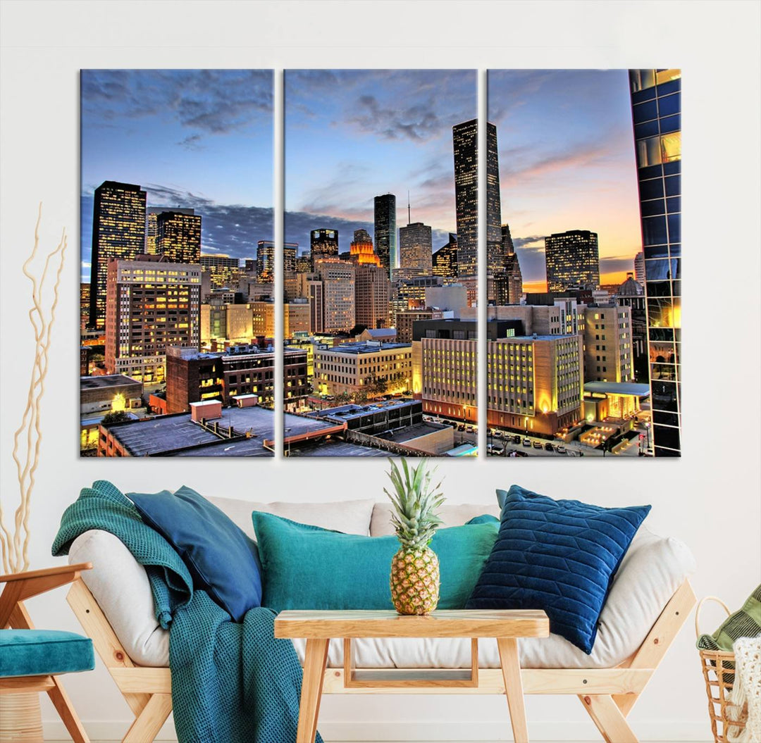 The modern living room features the Houston Wall Art Canvas Print on the wall. This professional craftsman framed masterpiece depicts a cityscape and is created with museum-quality polycotton canvas, ensuring a polished look that enhances its elegant charm.