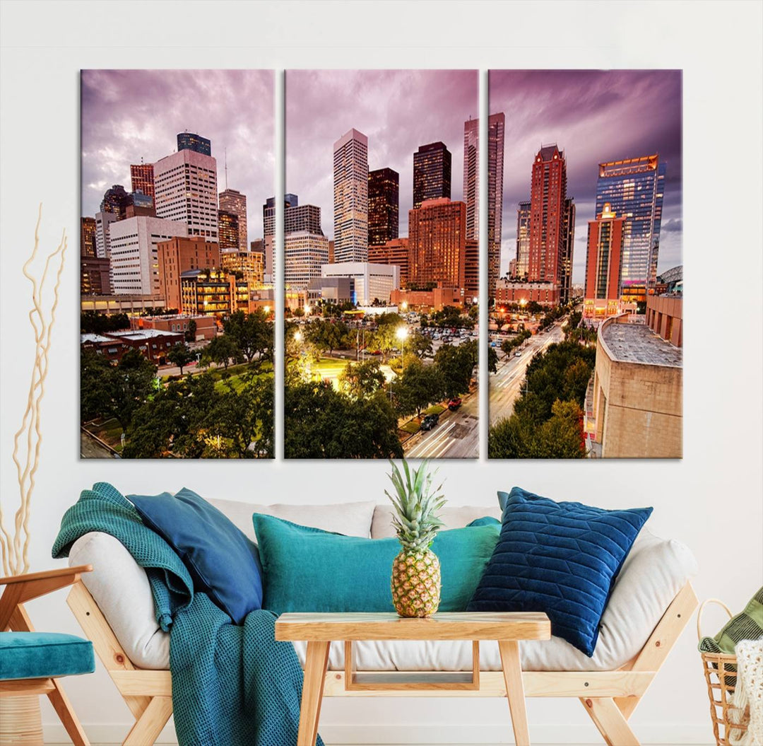 The Houston Wall Art Canvas Print in the living room displays a vibrant city skyline at twilight on museum-quality canvas with UV-protective coating.