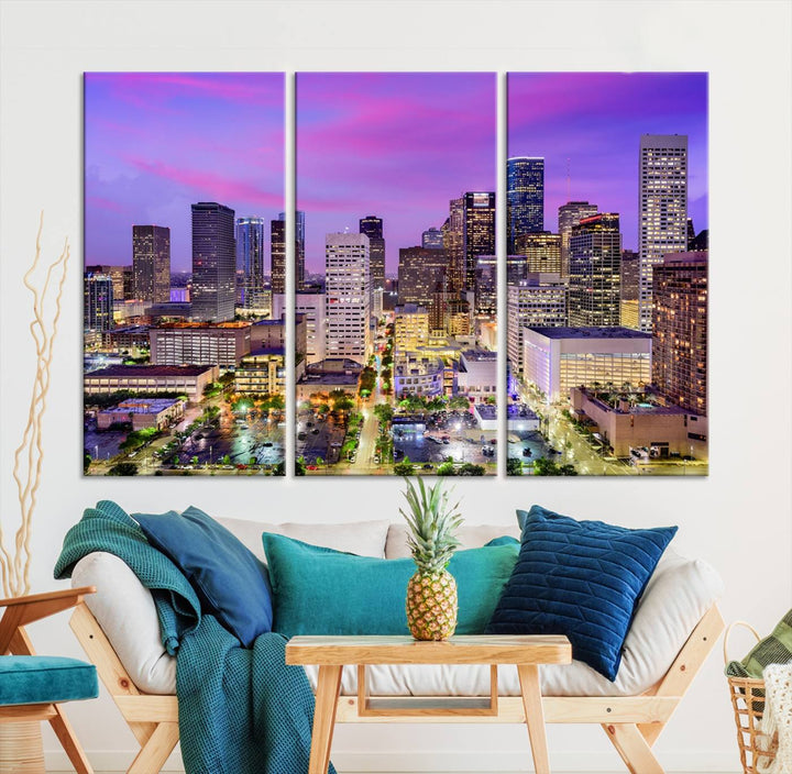 Houston Wall Art Canvas Print showcasing a vibrant cityscape at dusk on museum-quality canvas, expertly crafted by professional craftsmen.