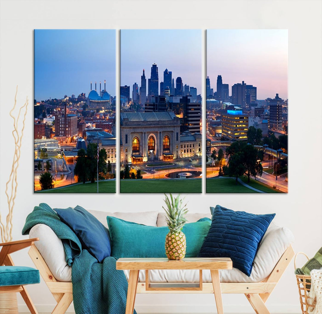 The Kansas City Skyline Canvas Wall Art Print hangs above, showcasing an iconic dusk cityscape with a historic building in the foreground, exuding urban sophistication.