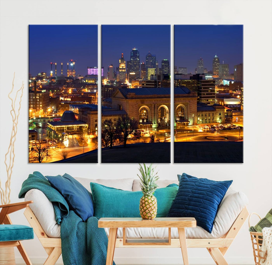 The Kansas City Night Canvas Print Wall Art creates a scene as captivating as museum-quality art, showcasing a city skyline at night with illuminated buildings.