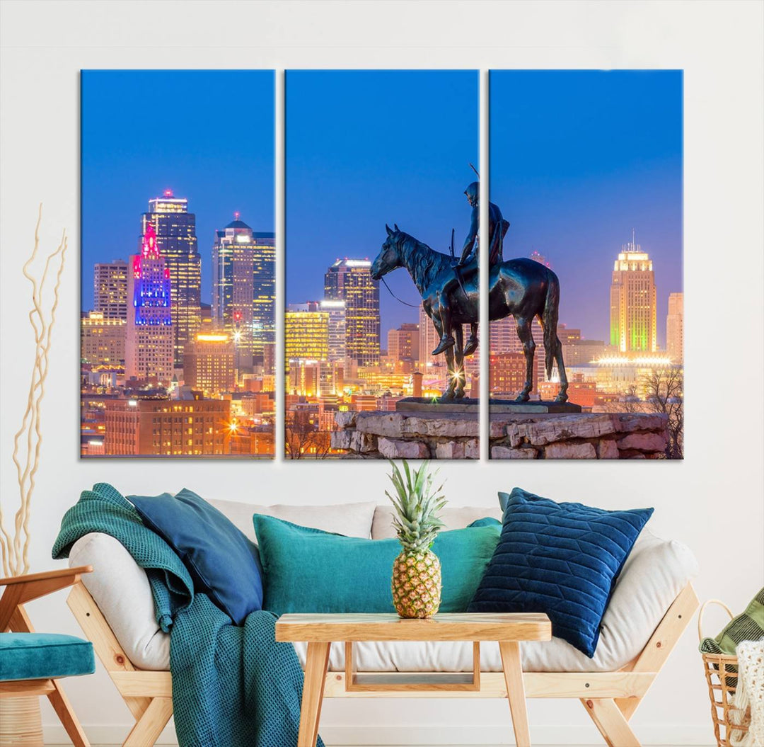 A large Kansas City Night Canvas Print Wall Art adorns the wall, gallery wrapped and finished with a UV-protective coating for lasting vibrancy.