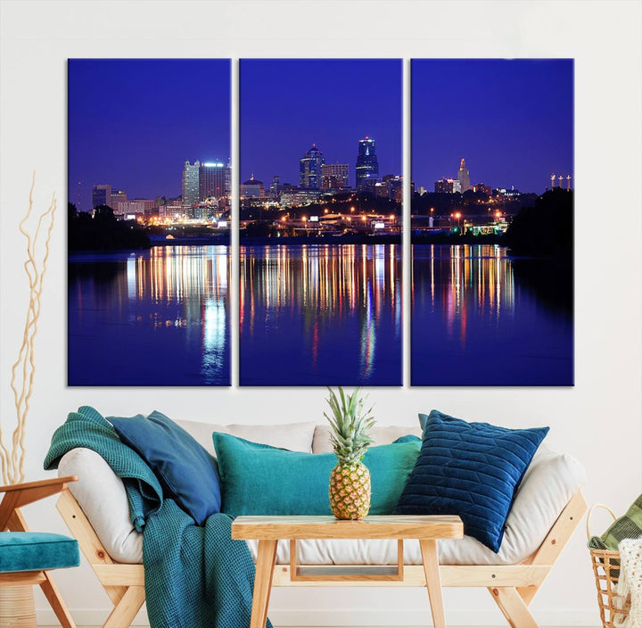 The Kansas City Night Canvas Print Wall Art captures the shimmering city skyline on the calm water, where every detail resembles a museum-quality polycotton masterpiece.