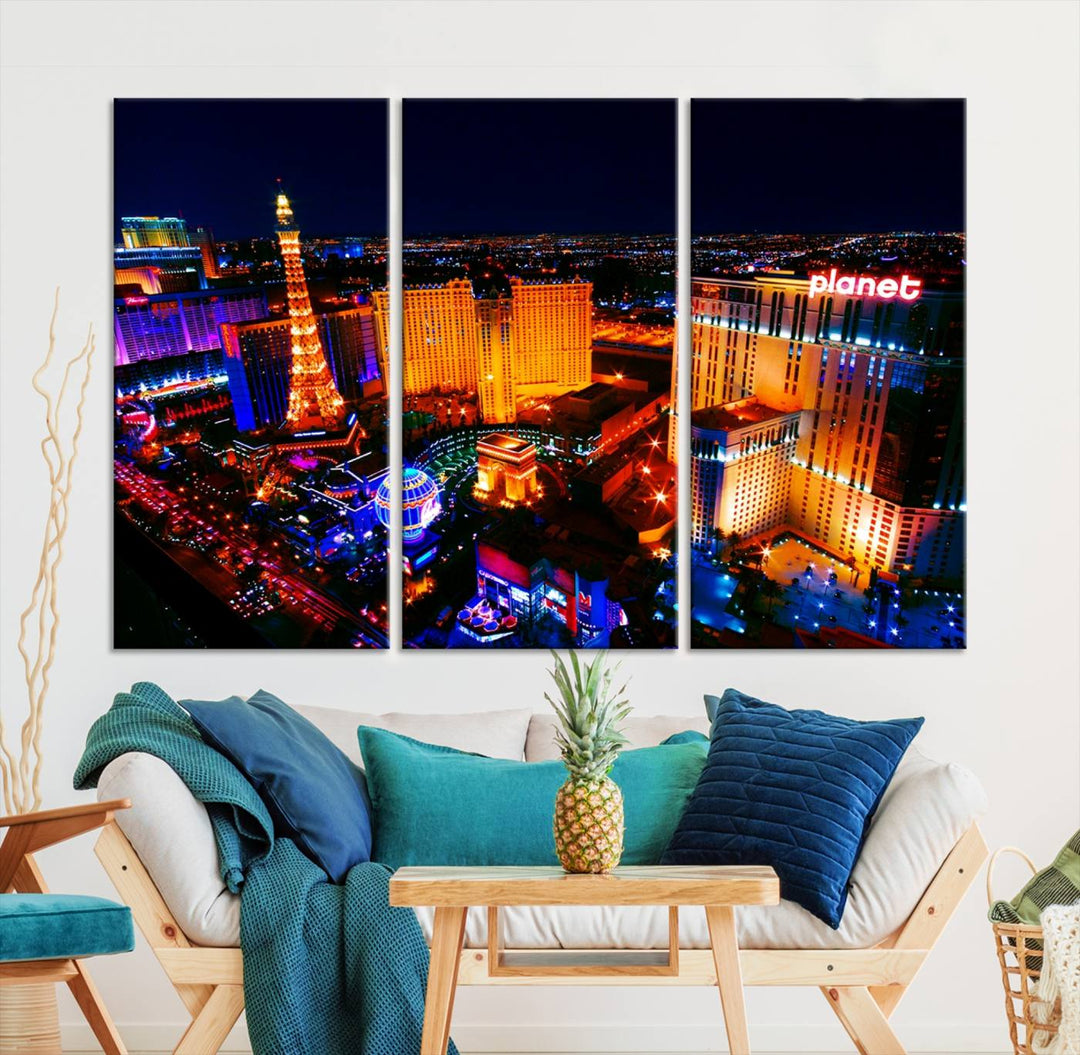 Las Vegas Wall Art Canvas Print showcases a dynamic and luminous cityscape at night with tall buildings and bustling streets. Expertly printed on museum-quality canvas, this gallery-wrapped artwork is enhanced with a UV-protective coating to ensure lasting brilliance.