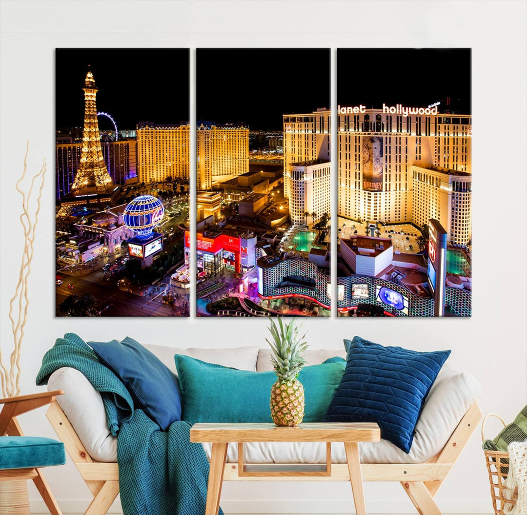 The Las Vegas Wall Art Canvas Print is a triptych set that showcases a stunning night view of Las Vegas. The illuminated buildings and the iconic faux Eiffel Tower add elegance to any space. Each piece comes with a UV-protective coating and is ready to hang, ensuring both style and durability.