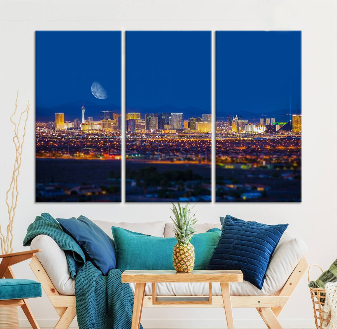 The Las Vegas Wall Art Canvas Print, depicting a city skyline at night, enhances a modern living room with its museum-quality canvas. This triptych comes ready to hang and boasts a UV-protective coating for lasting brilliance.