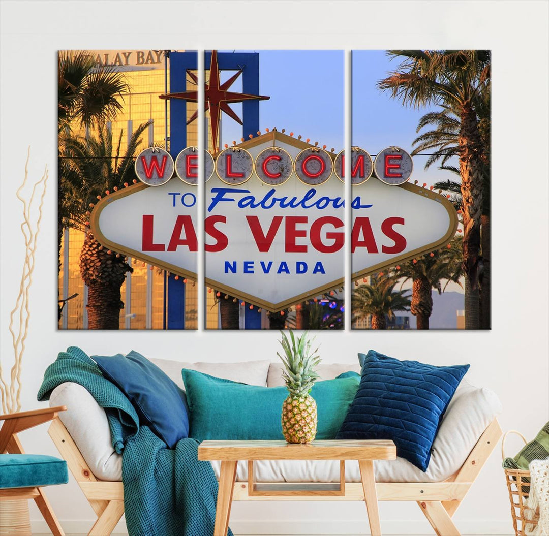 A Las Vegas Wall Art Canvas Print hangs on the wall, showcasing the iconic Welcome to Fabulous Las Vegas, Nevada sign. The museum-quality canvas guarantees vibrant colors with its UV-protective coating and is available with free shipping for added convenience.