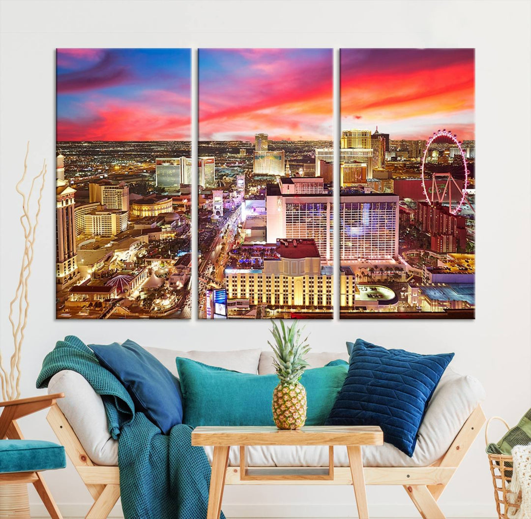 Las Vegas Wall Art Canvas Print depicting a vibrant cityscape at dusk on museum-quality canvas with a UV-protective coating, showcasing a skyline with colorful clouds.