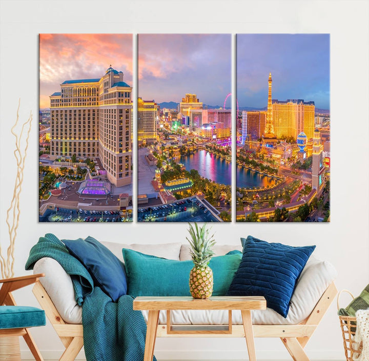 The gallery-wrapped triptych of the Las Vegas Wall Art Canvas Print, depicting the colorful skyline at sunset, adds a vibrant touch to the room. This artwork is crafted on museum-quality canvas and features a UV-protective coating for lasting durability.