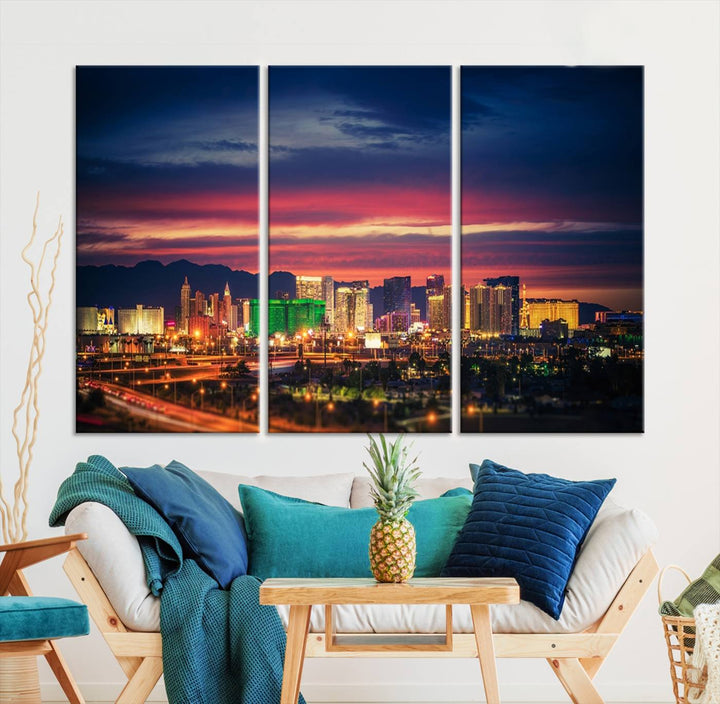 The living room is adorned with the Las Vegas Wall Art Canvas Print, a triptych showcasing a cityscape at sunset. This piece is crafted on museum-quality canvas and protected by a UV-coated finish, highlighting the craftsmanship of a skilled professional.