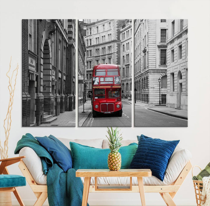 The living room features museum-quality London Red Bus Wall Art, showcasing a split canvas print of a red bus on a black and white city street. This artwork is ready to hang and includes a UV-protective coating to ensure long-lasting vibrance.