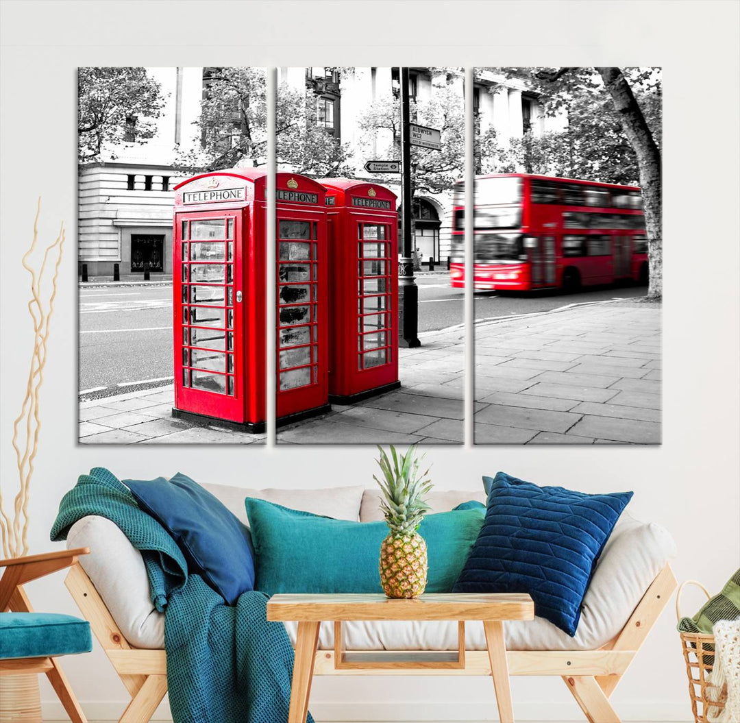 The London Red Bus and Phone Club Wall Art, a vivid night canvas print featuring iconic red buses and phone booths, is elegantly showcased on gallery-wrapped, museum-quality material. With its UV-protective coating, this captivating piece infuses your space with the charm of London.