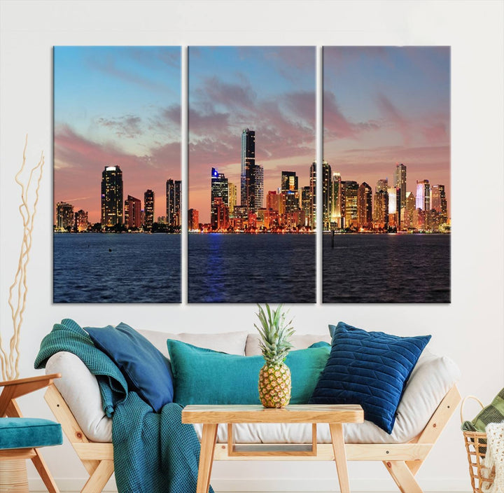 The Wall Art MIAMI Canvas Print emphasizes a vibrant cityscape at sunset. This artwork is presented on museum-quality canvas with gallery-wrapped edges, ensuring it stands out while maintaining its pristine condition for years to come.