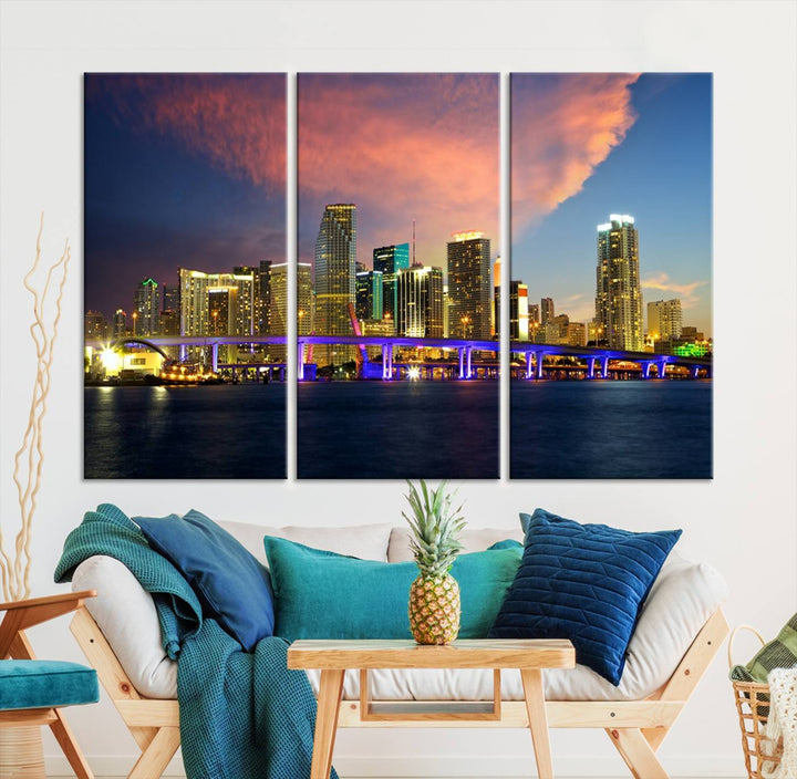 The modern living room is enhanced by the "Miami City Wall Art Canvas Print," a stunning triptych portraying a city skyline at sunset. These canvases are gallery wrapped and made from museum-quality materials, featuring a UV-protective coating to ensure lasting vibrancy.