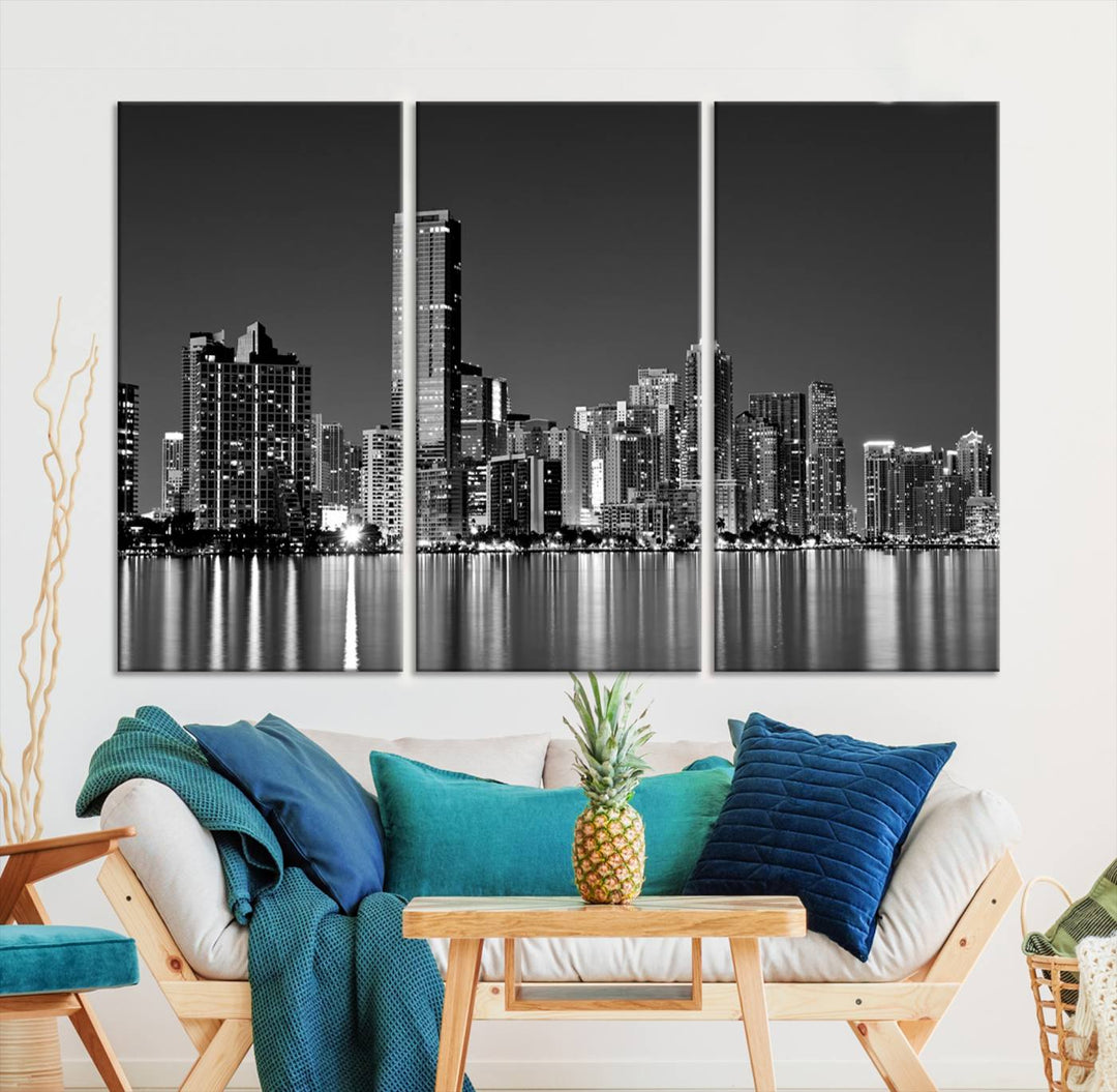 The Miami City Wall Art Canvas Print, a stunning triptych of the Miami skyline, elegantly hangs in this modern living room.