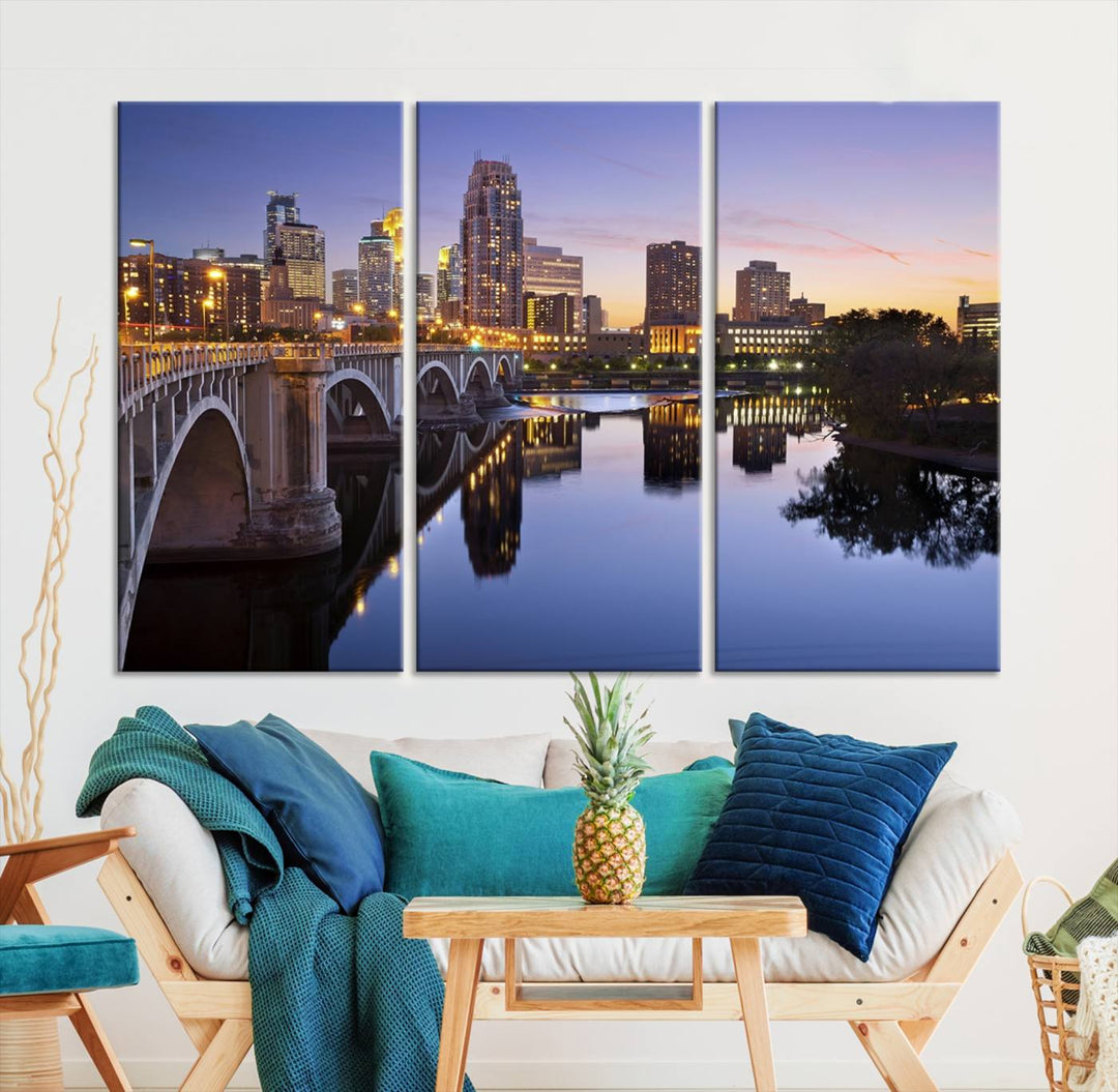 Display the Minneapolis Wall Art Canvas Print, featuring the Minnesota cityscape at dusk, on gallery-wrapped, museum-quality canvas.