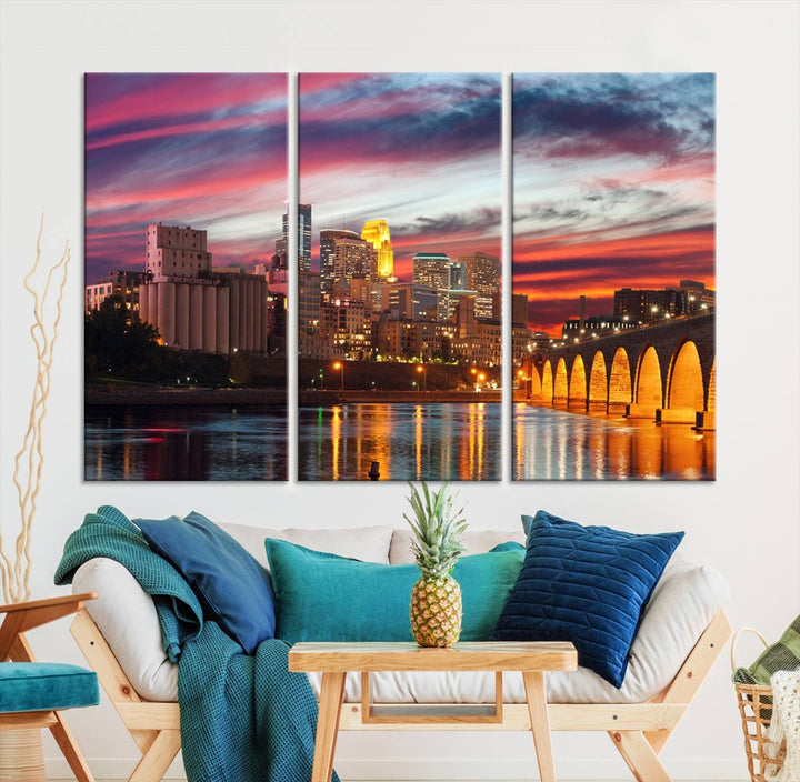 The "Minneapolis Wall Art Canvas Print, Minnesota City Wall Art Print, Minnesota Cityscapes Wall Art" features a city skyline at sunset in museum-quality canvas prints. Transform your living space into a gallery with this stunning piece and enjoy free shipping.