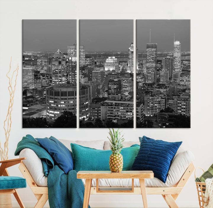 The gallery-wrapped, museum-quality canvas print features the Montreal Canada City Wall Art, showcasing a cityscape at night in black and white.