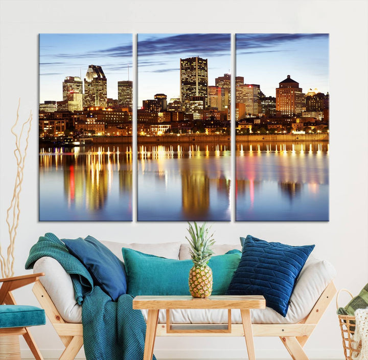 A Montreal Canada City Wall Art Canvas Print, depicting the cityscape at dusk and reflecting in calm waters, is crafted with museum-quality canvases and a UV-protective coating. This remarkable piece guarantees vibrant colors that remain stunning and ready to hang for years to come.