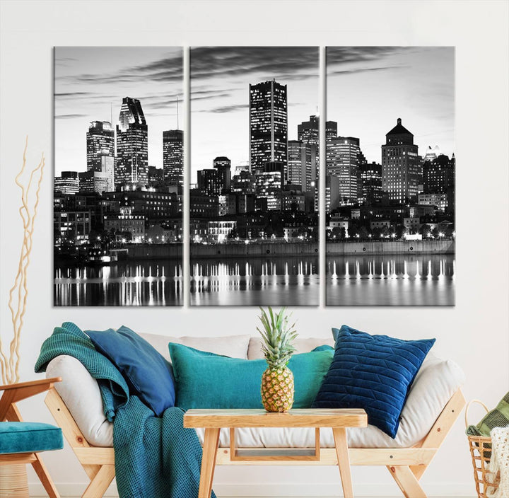 The contemporary living room features the Montreal Canada City Wall Art Canvas Print, an elegantly gallery-wrapped triptych on museum-quality canvas, prominently hung above.