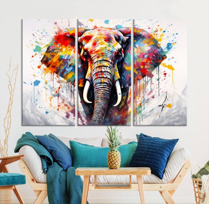 Impresión en lienzo de arte abstracto de pared de elefante de acuarela para decoración moderna del hogar, oficina, sala de estar y comedor