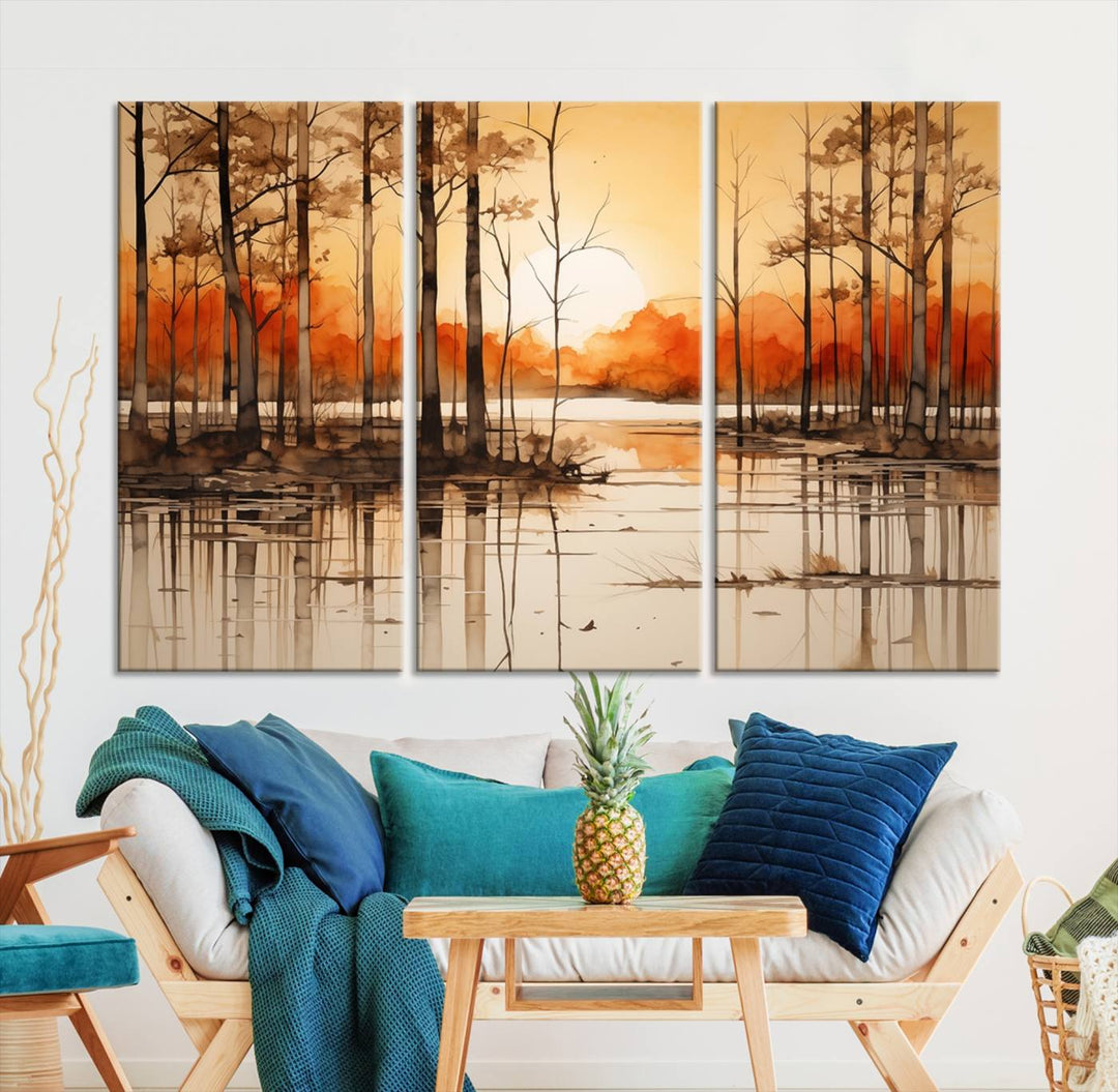 An Abstract Watercolor Trees and Sunset on Lake Wall Art Canvas Print, created on museum-quality canvas.