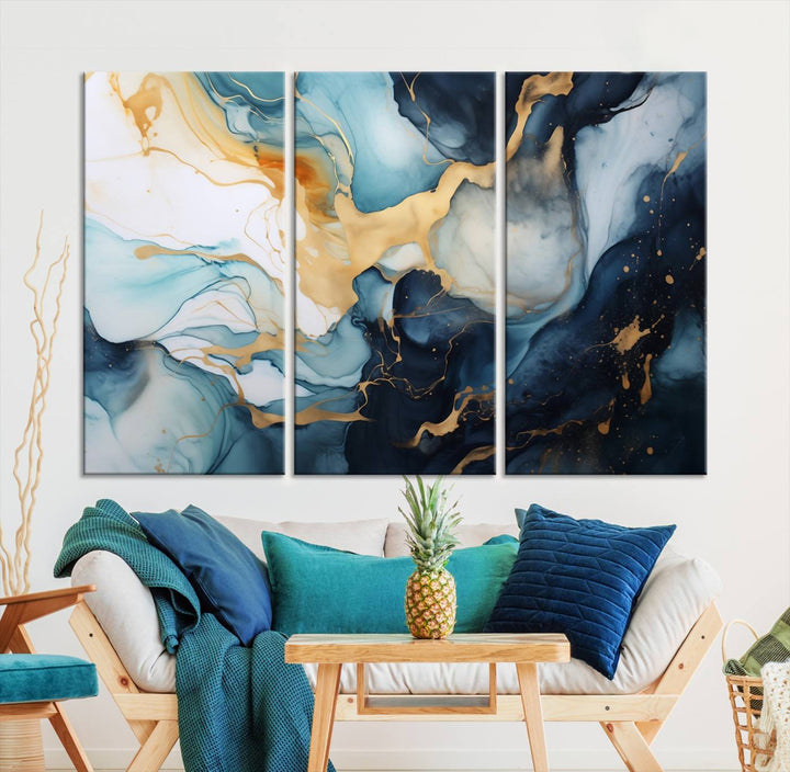 The living room is enhanced by the Marble Fluid Abstract Wall Art Canvas Print, which adds a touch of sophistication.