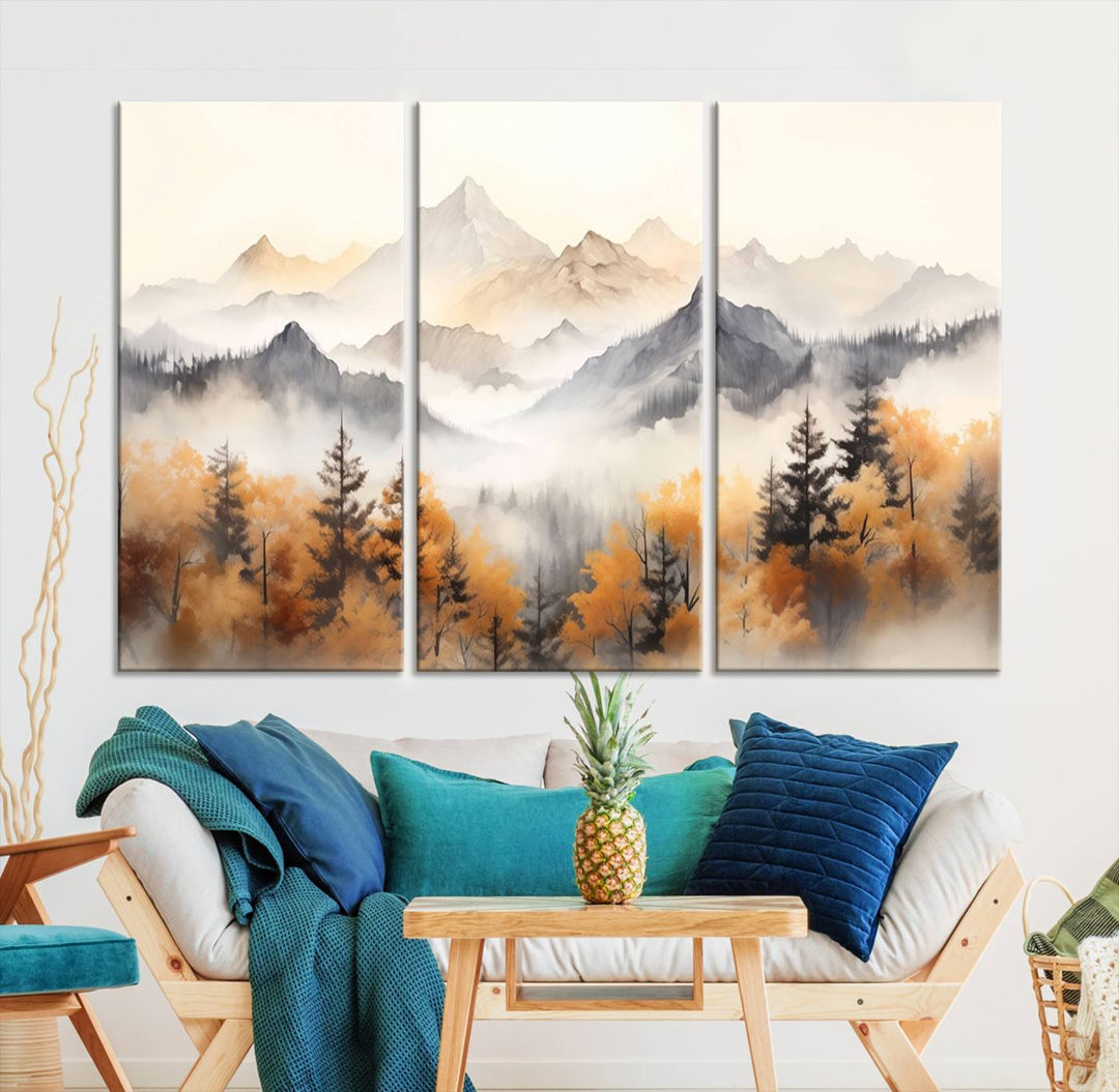 Art mural abstrait aquarelle montagnes et arbres automne