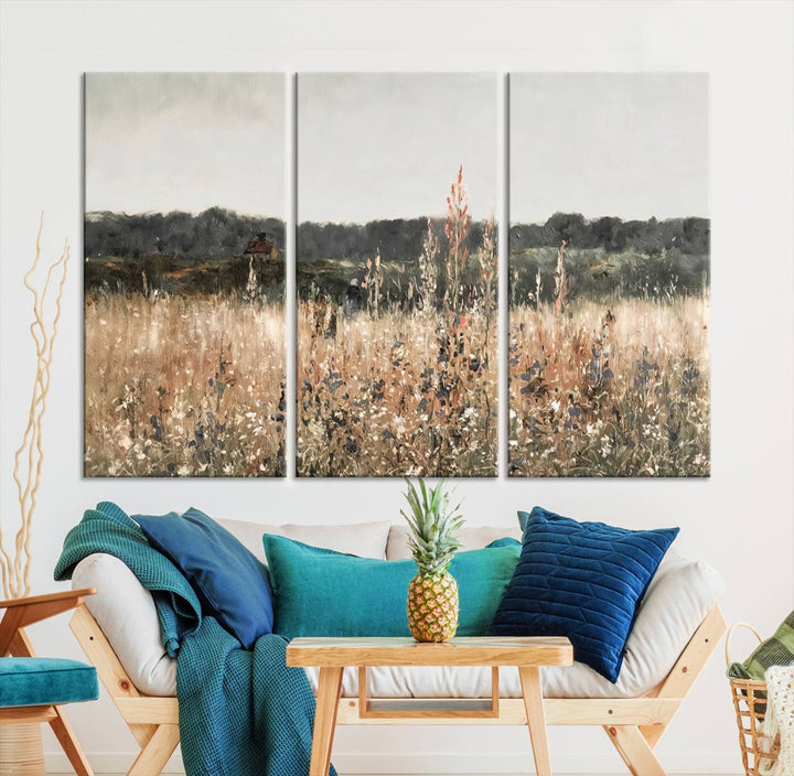 Abstract Wildflower Field Landscape Oil Painting Print, Country Field Wall Art - Framed Ready to Hang