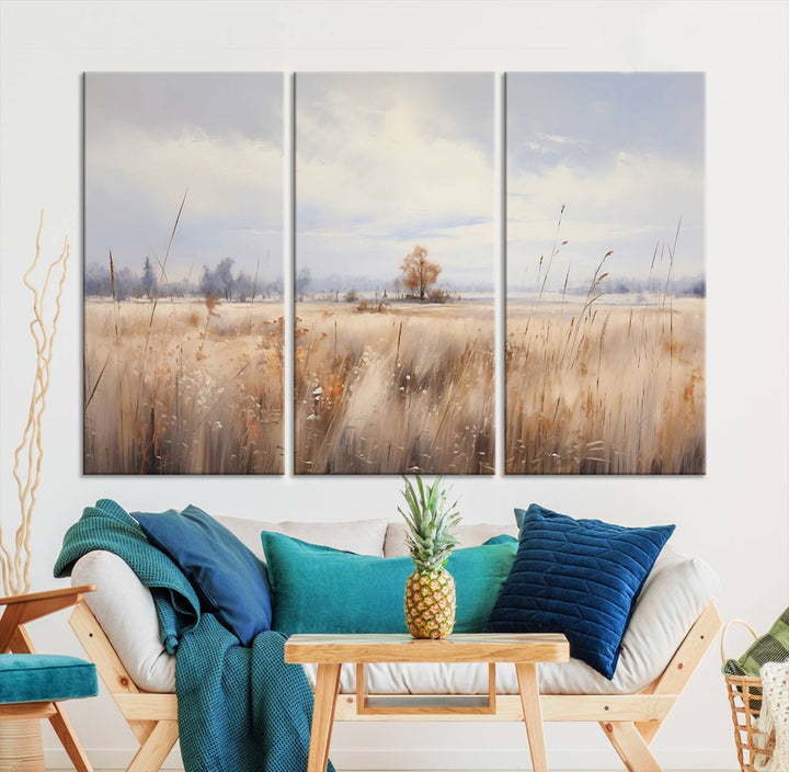 The modern living room features the Golden Fields Canvas Wall Art Print – Serene Landscape of Nature’s Tranquility in Minimalist for Farmhouse Decor, showcasing serene golden fields that enhance the calming ambiance.