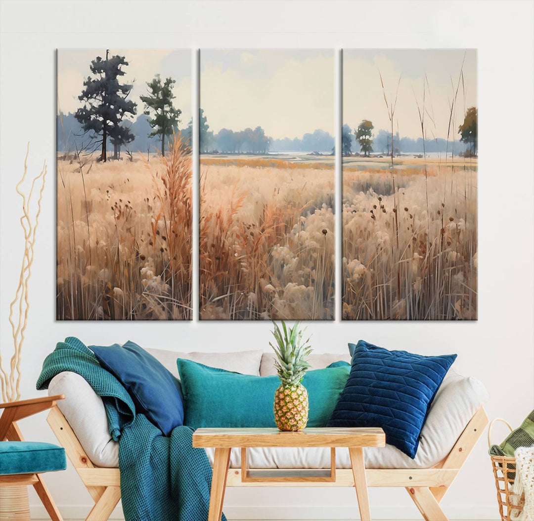 The Golden Fields Canvas Wall Art Print, a serene depiction of nature's tranquility in minimalist modern decor style, graces the wall with its calming presence.