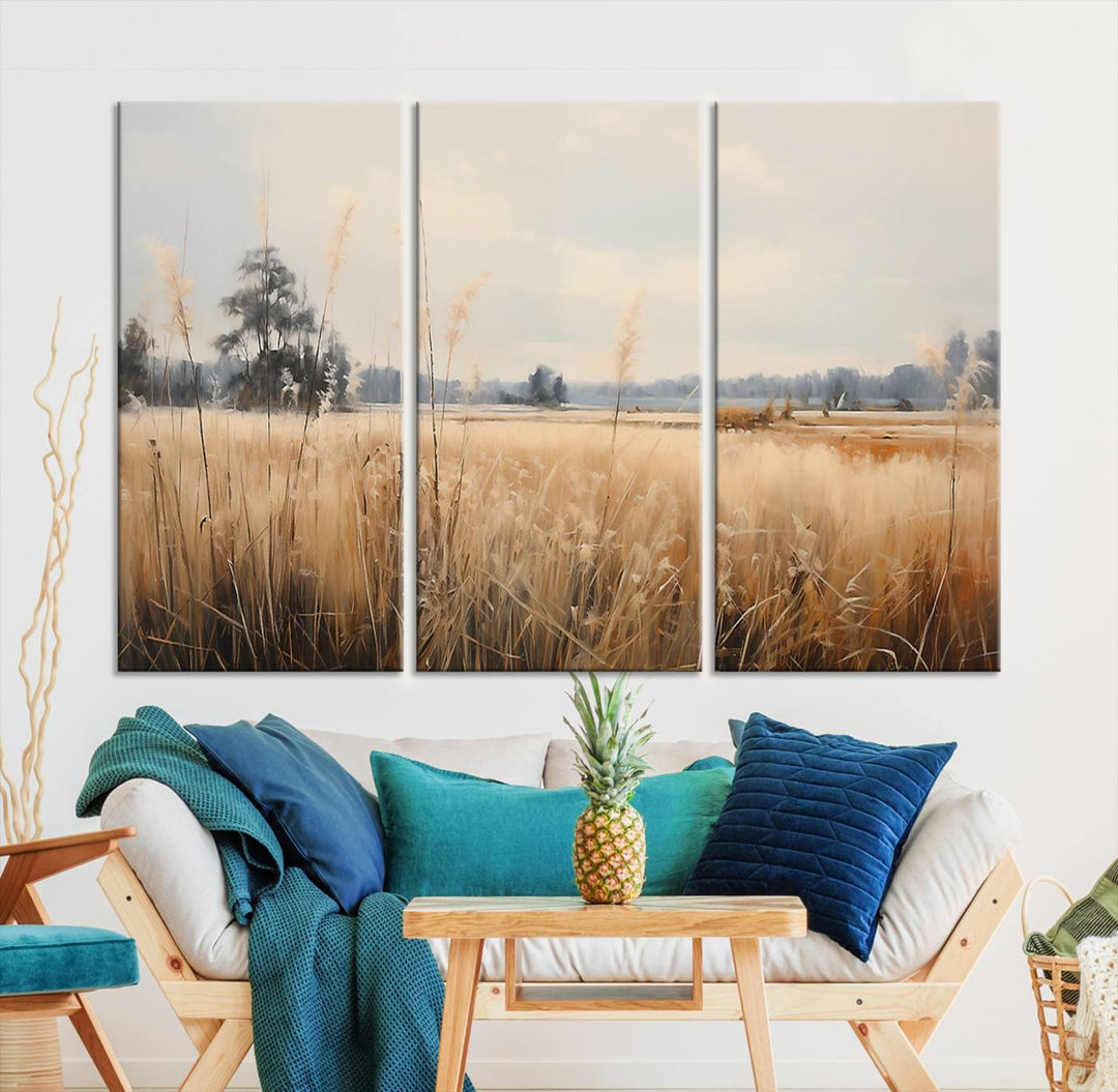 A Wildflower Field Landscape Oil Painting, showcasing a vintage art print of a serene field with tall grasses and distant trees, is beautifully presented on museum-quality canvases with gallery-wrapped edges.