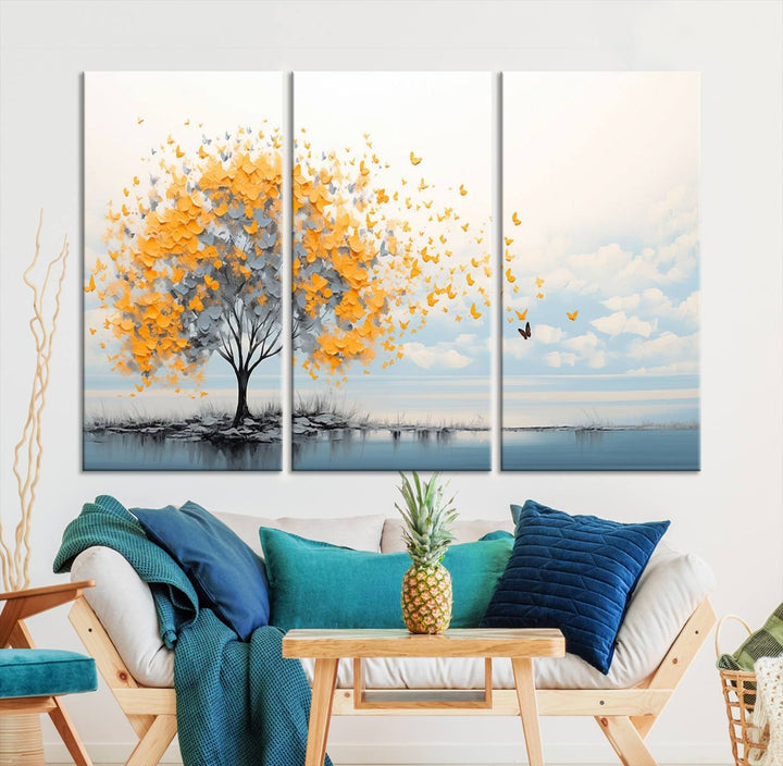 A Butterfly Tree Wall Art Canvas, featuring a modern tree adorned with yellow butterflies, decorates the wall.