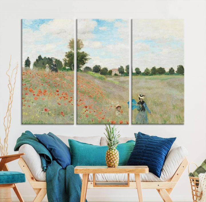 The Claude Monet The Poppy Field Canvas Print features a scene of a serene meadow with blooming flowers and a woman and child. It is printed on museum-quality canvas with UV-protective coating.