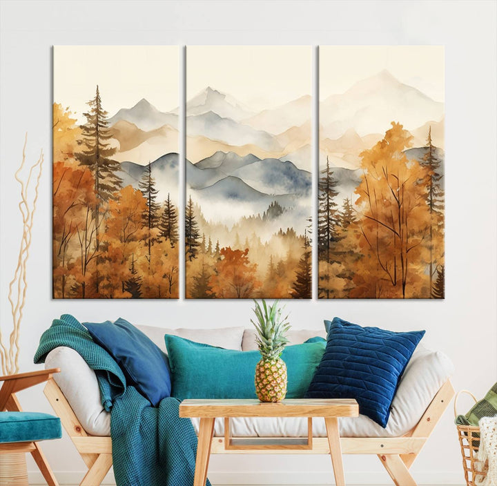 Abstract Mountain Mist Canvas Wall Art – Tranquil Autumn Forest and Misty Peaks - Ready to Hang